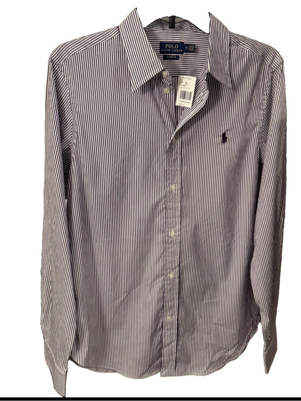 Ralph Lauren Women’s Button Down Shirt Purple White Stripe Easy Care Sz 12 NWT
